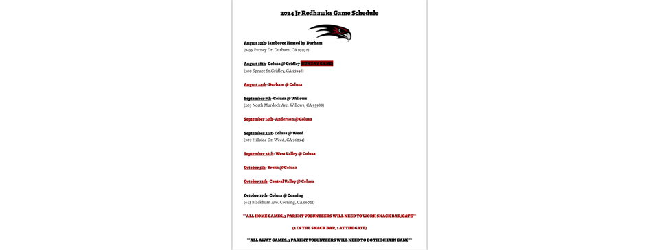 2024 Jr RedHawks Football and Cheer Game Schedule